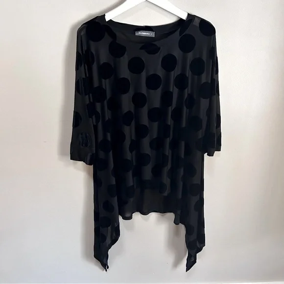 Alembika ~ Black Polka Dot Hi-Lo Semi-Sheer 3/4 Sleeve Tunic Top in Medium *flaw - Picture 16 of 16